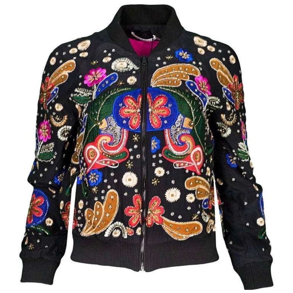 Alice + Olivia Embroidered Silk Bomber Jacket Black Floral Beaded Women's Size M